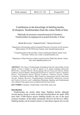 Contribution to the Knowledge of Darkling Beetles (Coleoptera: Tenebrionidae) from the Cotton Fields of Iran