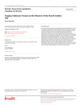 Staging Tableaux Vivants in the Theatre of the Dutch Golden Age Stijn Bussels