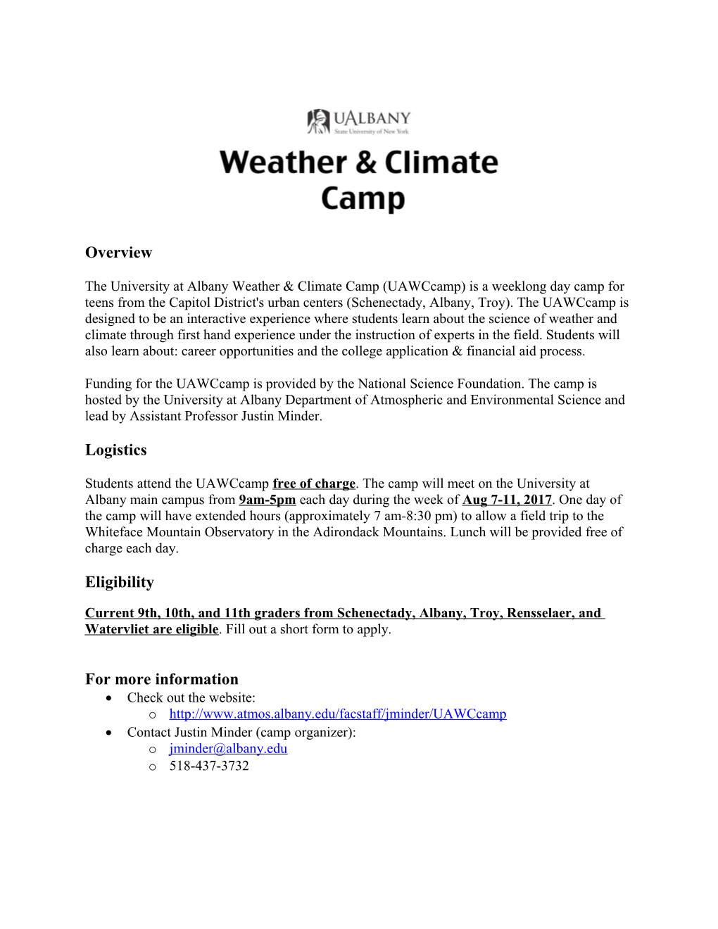 Student Application for Ualbany Weather Camp