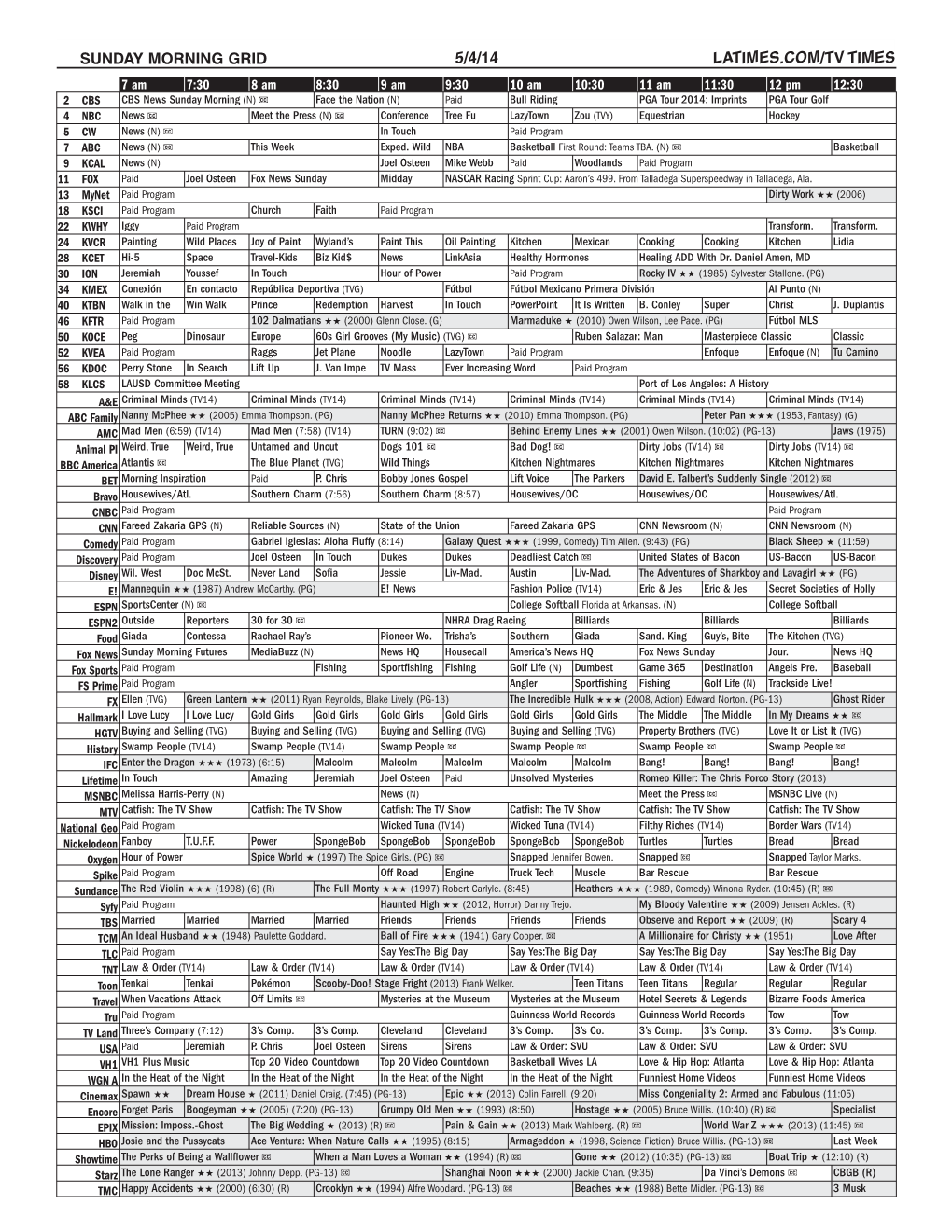 Sunday Morning Grid 5/4/14 Latimes.Com/Tv Times