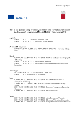 List of the Participating Countries, Members and Partner Universities in the Erasmus+ International Credit Mobility Programme 2018