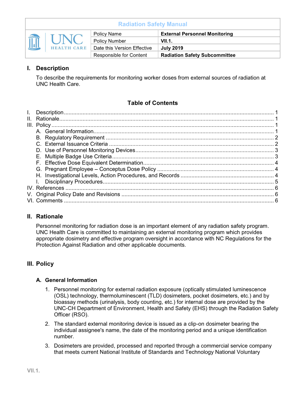 I. Description Table of Contents II. Rationale III. Policy Radiation