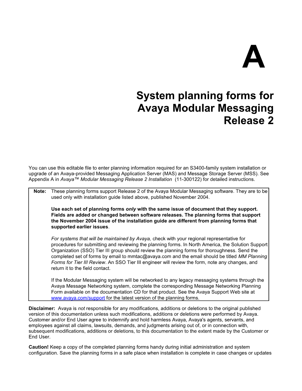 Avaya Modular Messaging Release 2 System Planning Forms - 5