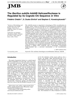 The Bacillus Subtilis Addab Helicase/Nuclease Is Regulated by Its Cognate Chi Sequence in Vitro