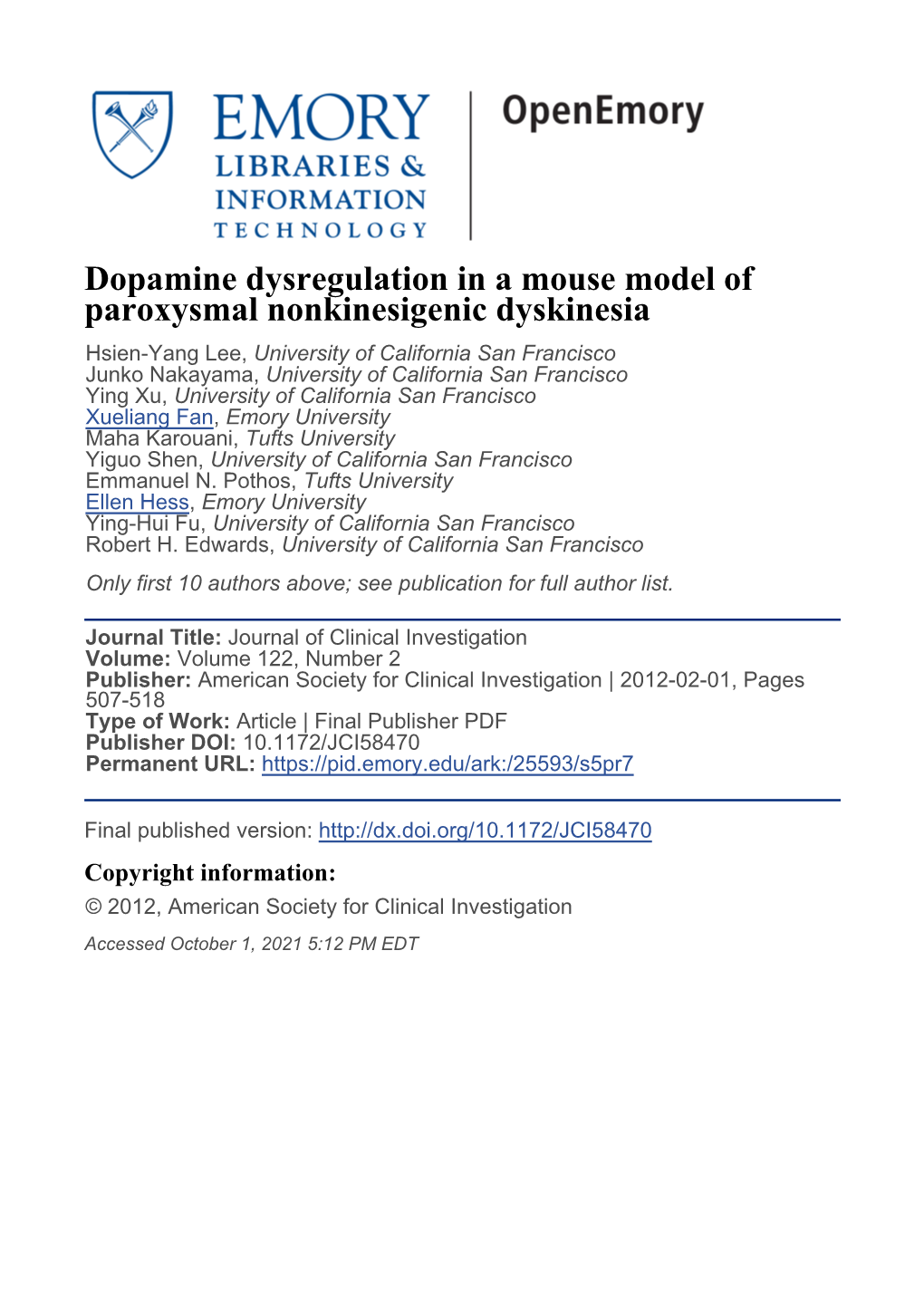 Dopamine Dysregulation in a Mouse Model Of