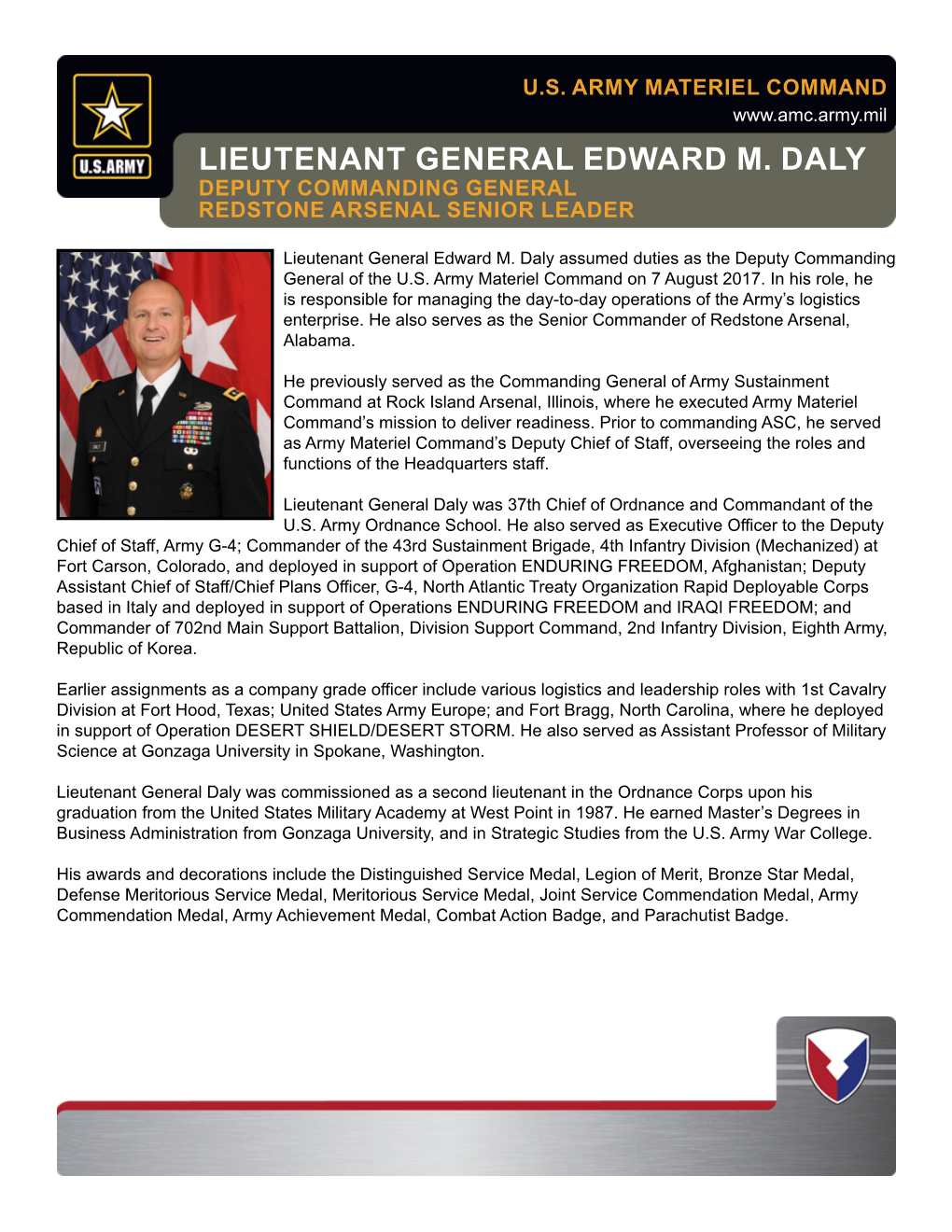 Lieutenant General Edward M. Daly Deputy Commanding General Redstone Arsenal Senior Leader