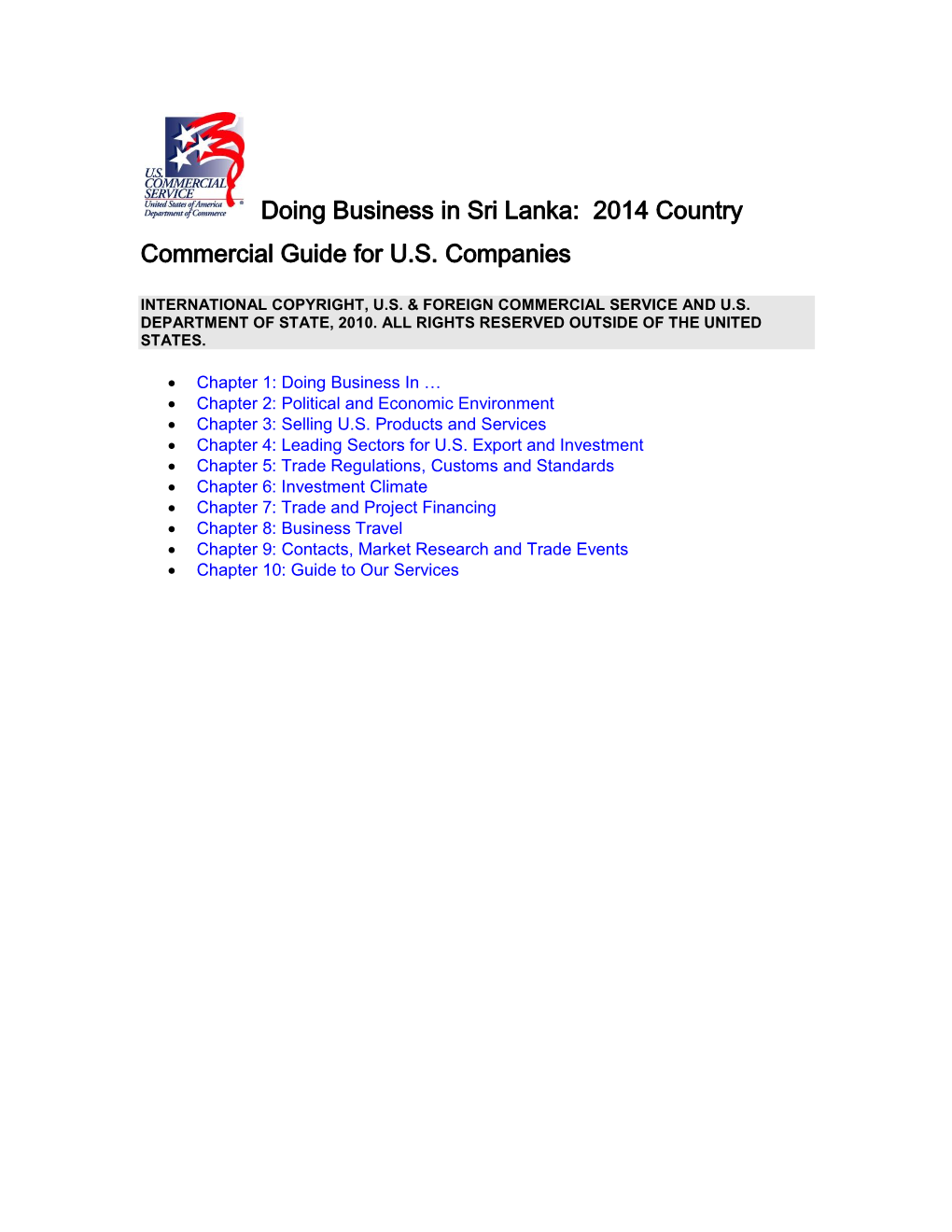 Doing Business in Sri Lanka: 2014 Country Commercial Guide for U.S