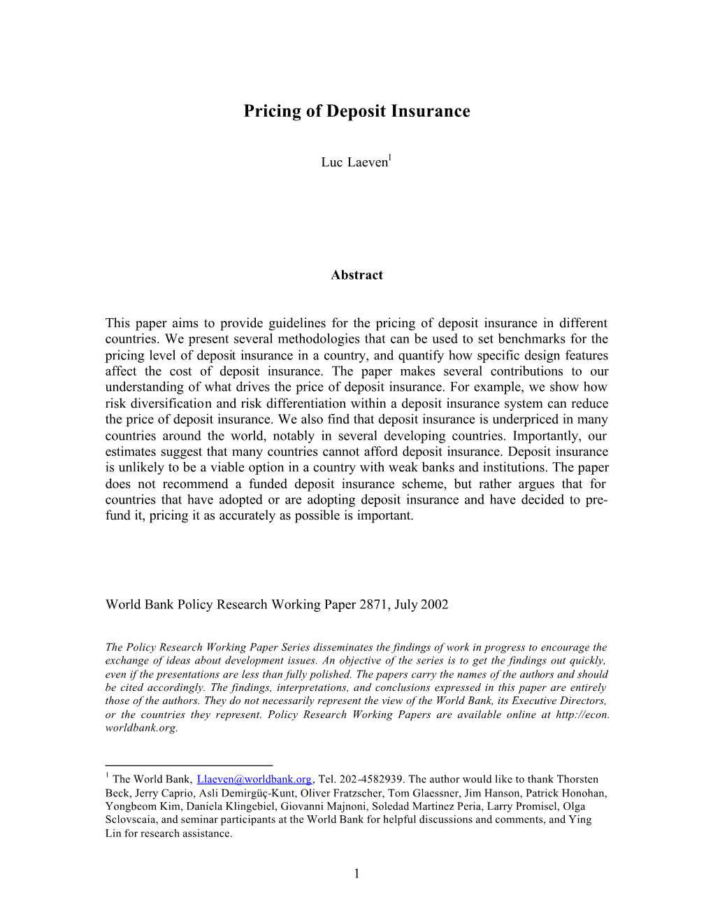 Pricing of Deposit Insurance