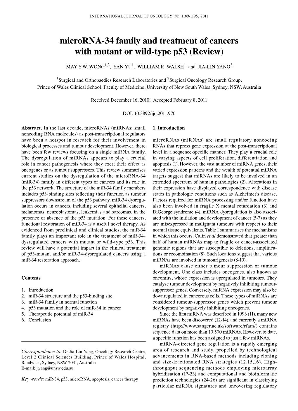 Microrna-34 Family and Treatment of Cancers with Mutant Or Wild-Type P53 (Review)