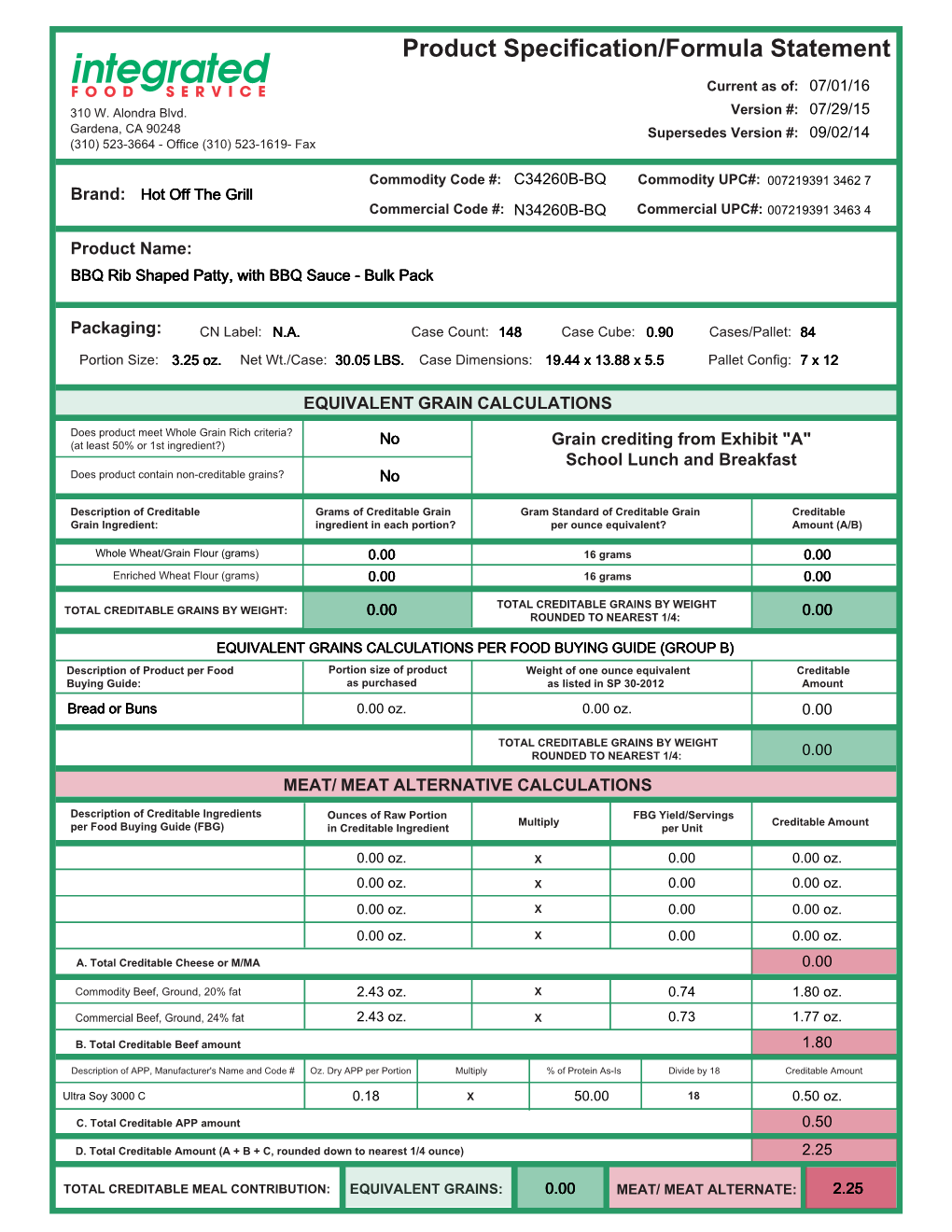 Product Specification/Formula Statement