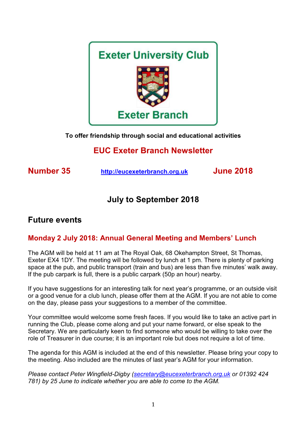 EUC Exeter Branch Newsletter Number 35 June 2018 July To