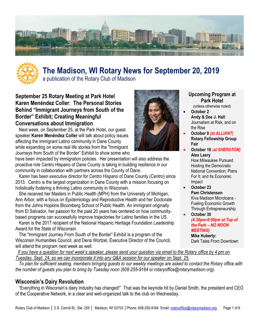 The Madison, WI Rotary News for September 20, 2019 a Publication of the Rotary Club of Madison