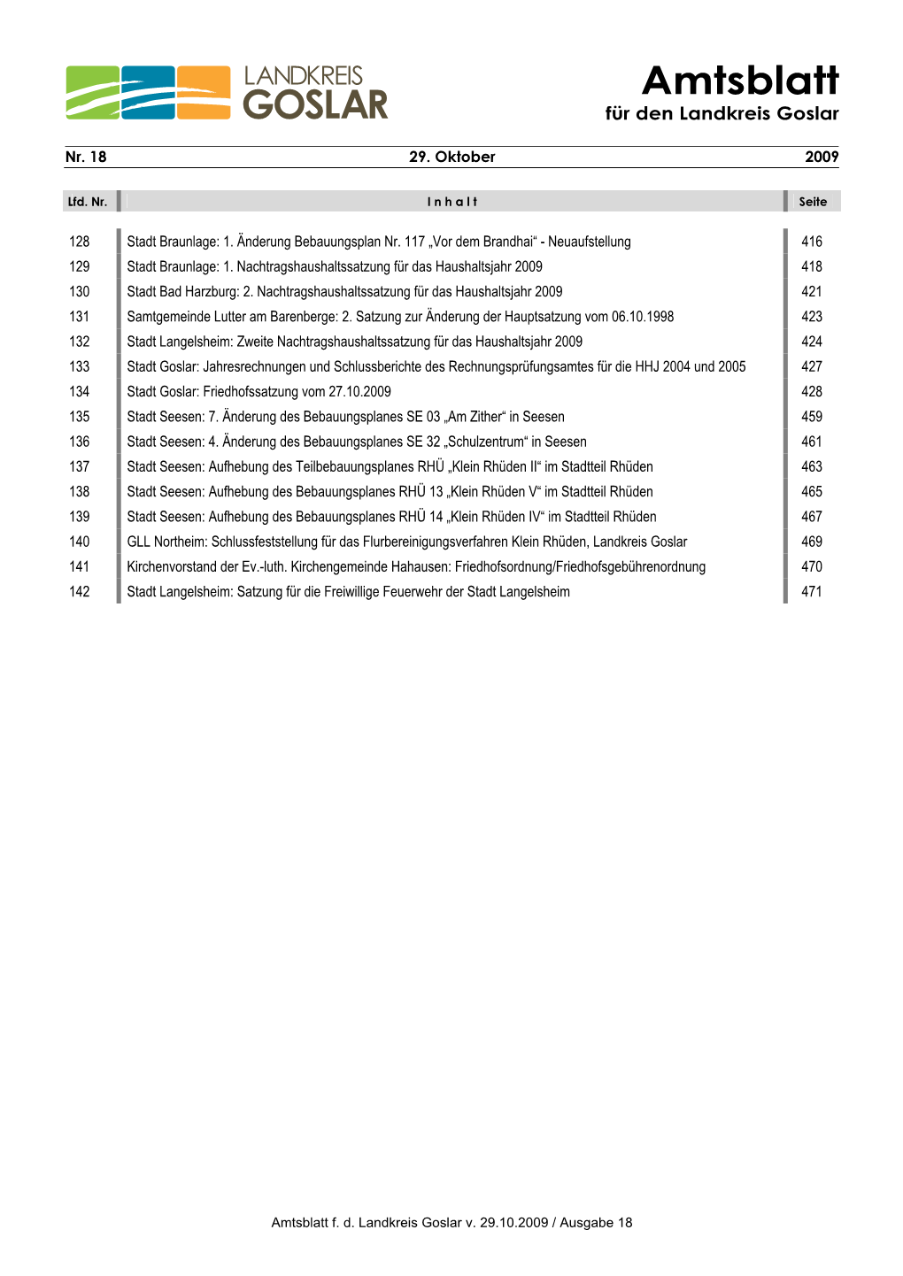 Amtsblatt Nummer 18 Vom 29.10.2009