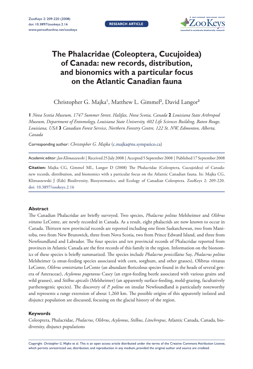 The Phalacridae (Coleoptera, Cucujoidea) of Canada: New Records, Distribution, and Bionomics with a Particular Focus on the Atlantic Canadian Fauna