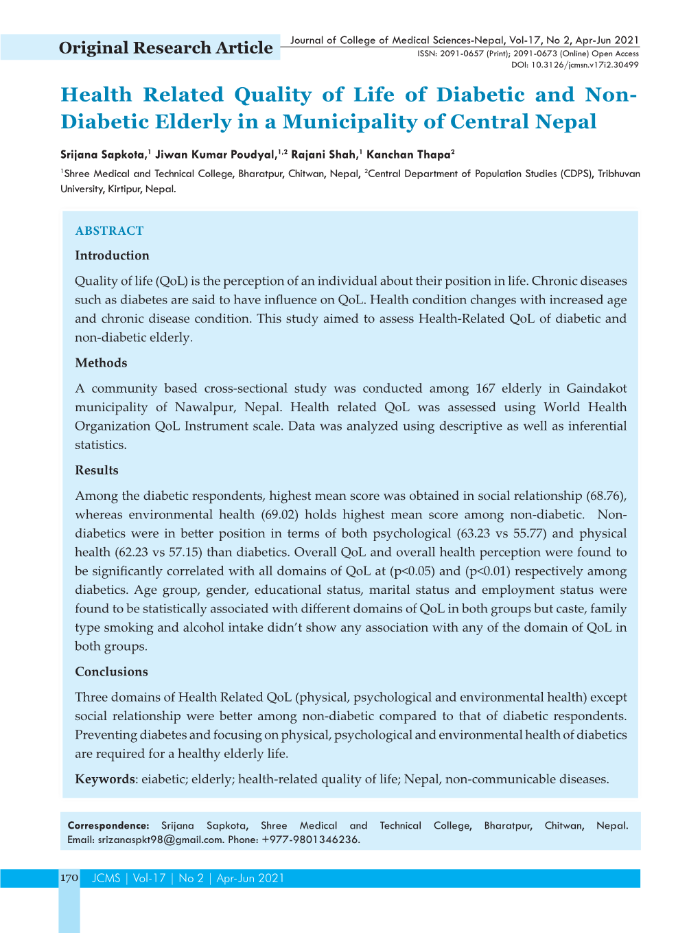 Diabetic Elderly in a Municipality of Central Nepal