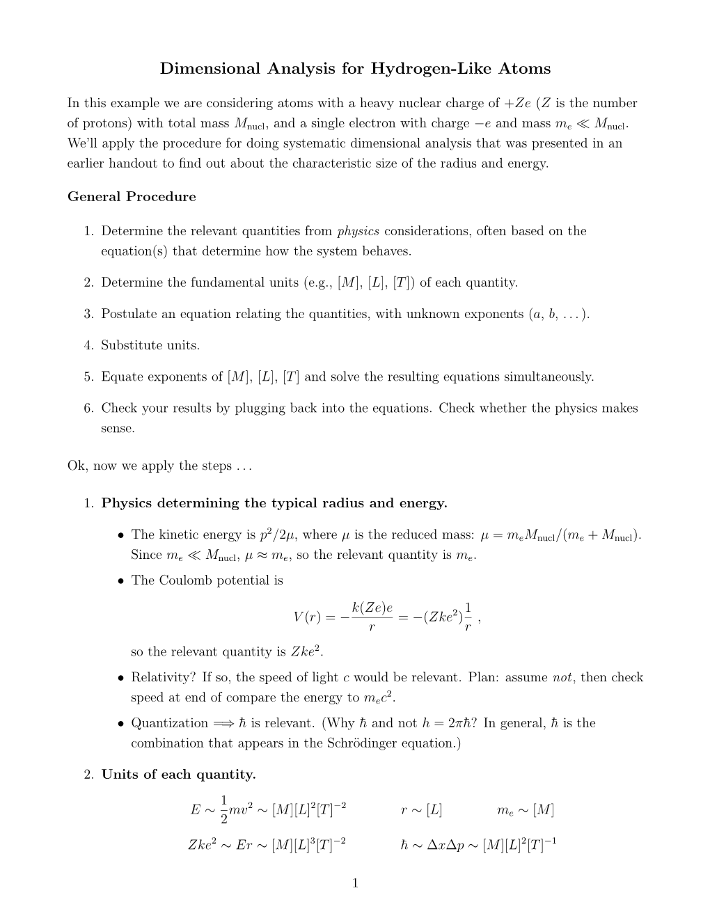 Dimensional Analysis for Hydrogen-Like Atoms