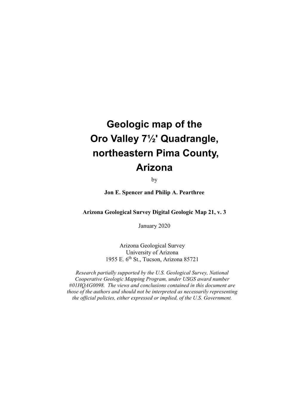 Geologic Map of the Oro Valley 7½' Quadrangle, Northeastern Pima County, Arizona By