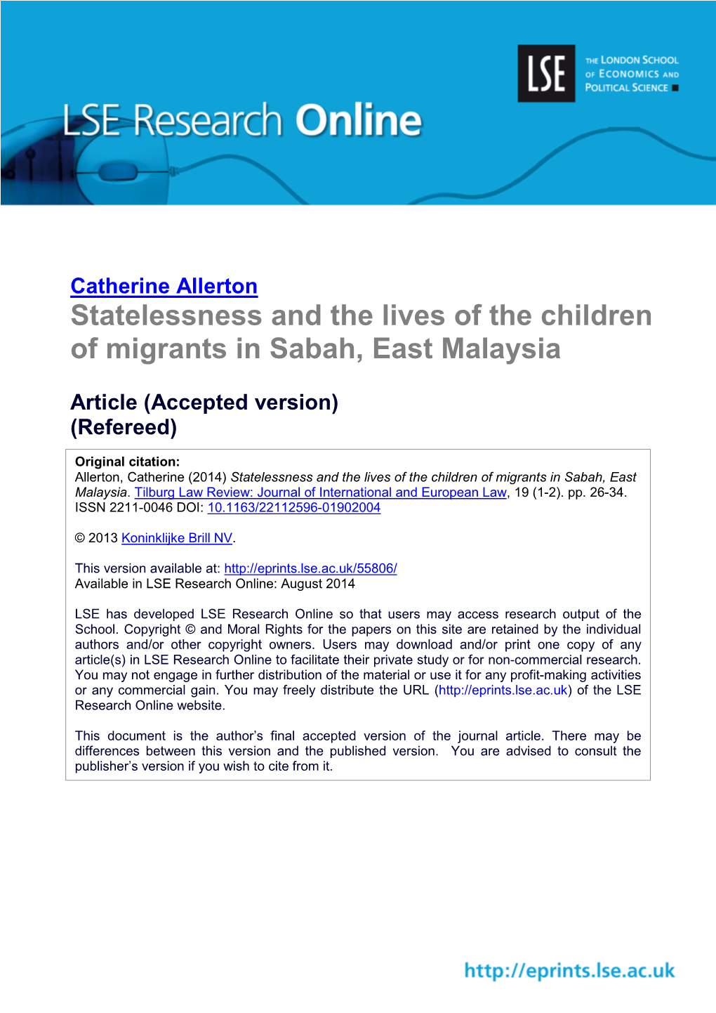 Statelessness and the Lives of the Children of Migrants in Sabah, East Malaysia