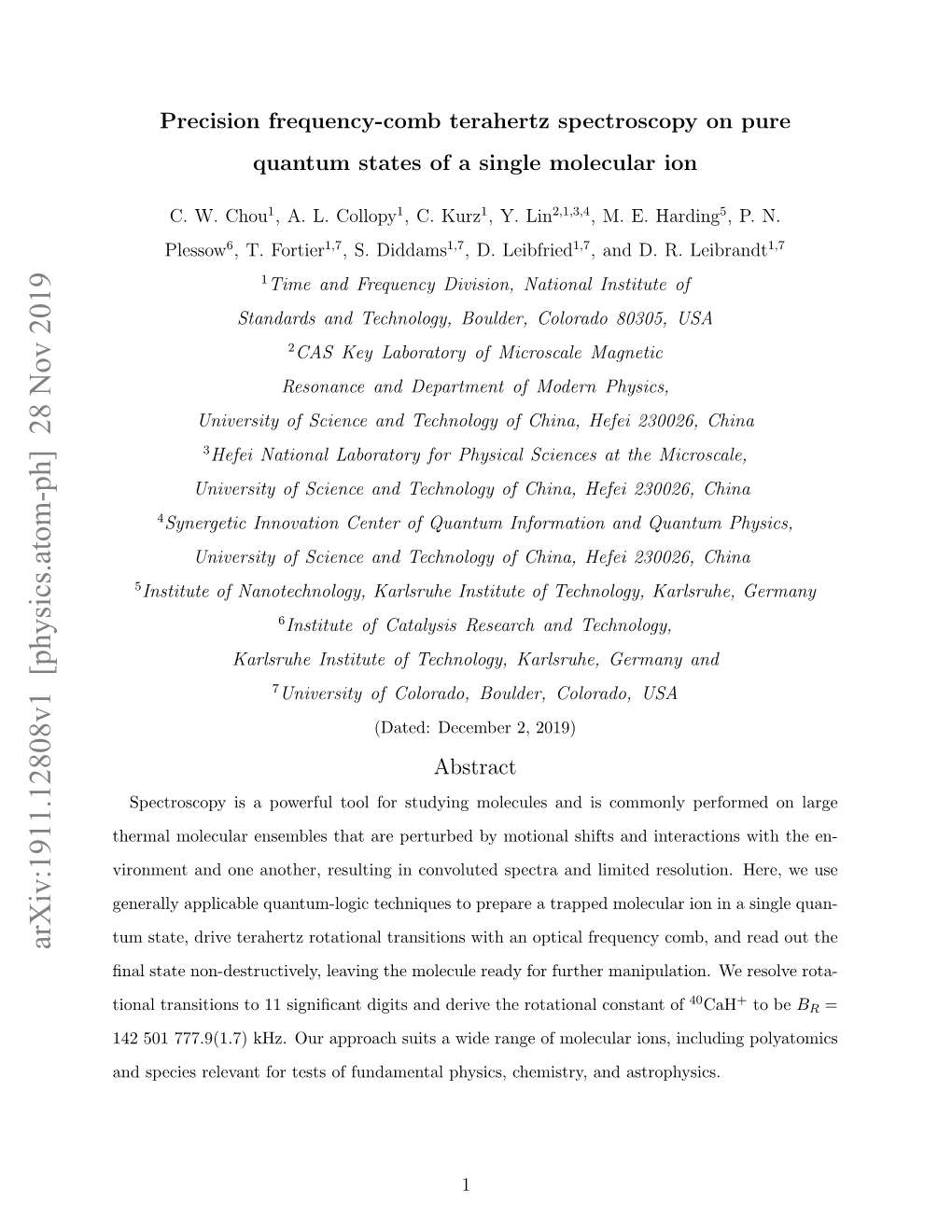 Arxiv:1911.12808V1 [Physics.Atom-Ph] 28 Nov 2019 ﬁnal State Non-Destructively, Leaving the Molecule Ready for Further Manipulation