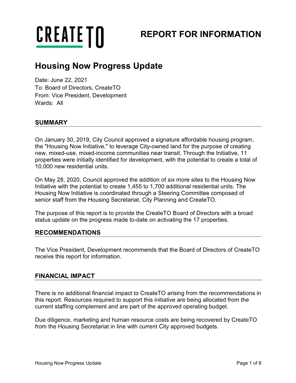 Housing Now Progress Update