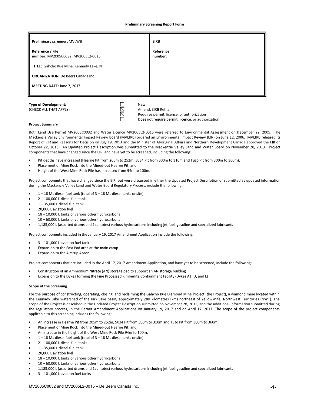 Preliminary Screening Report Form