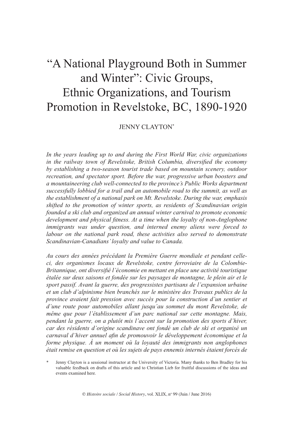 Civic Groups, Ethnic Organizations, and Tourism Promotion in Revelstoke, BC, 1890-1920