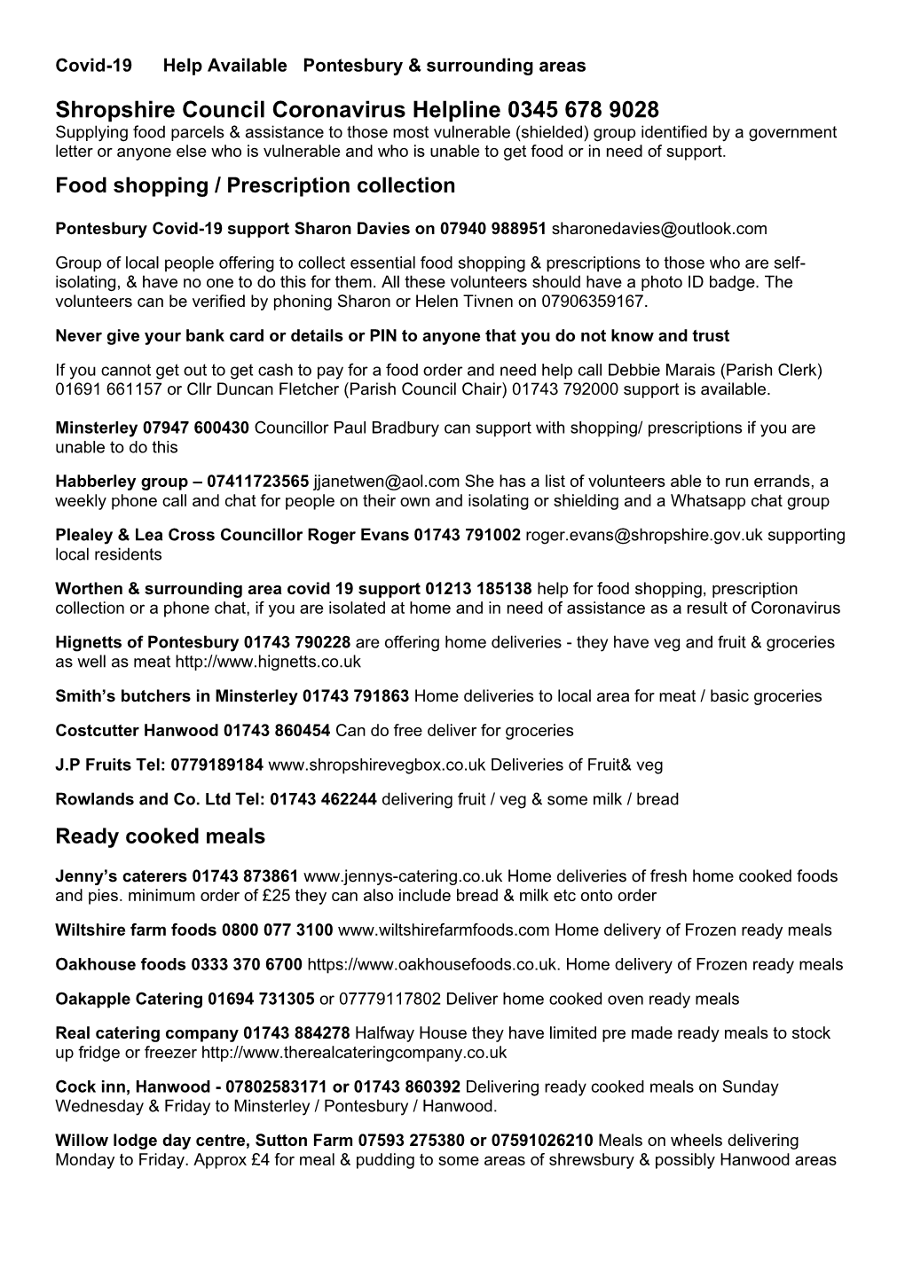 Shropshire Council Coronavirus Helpline 0345 678 9028