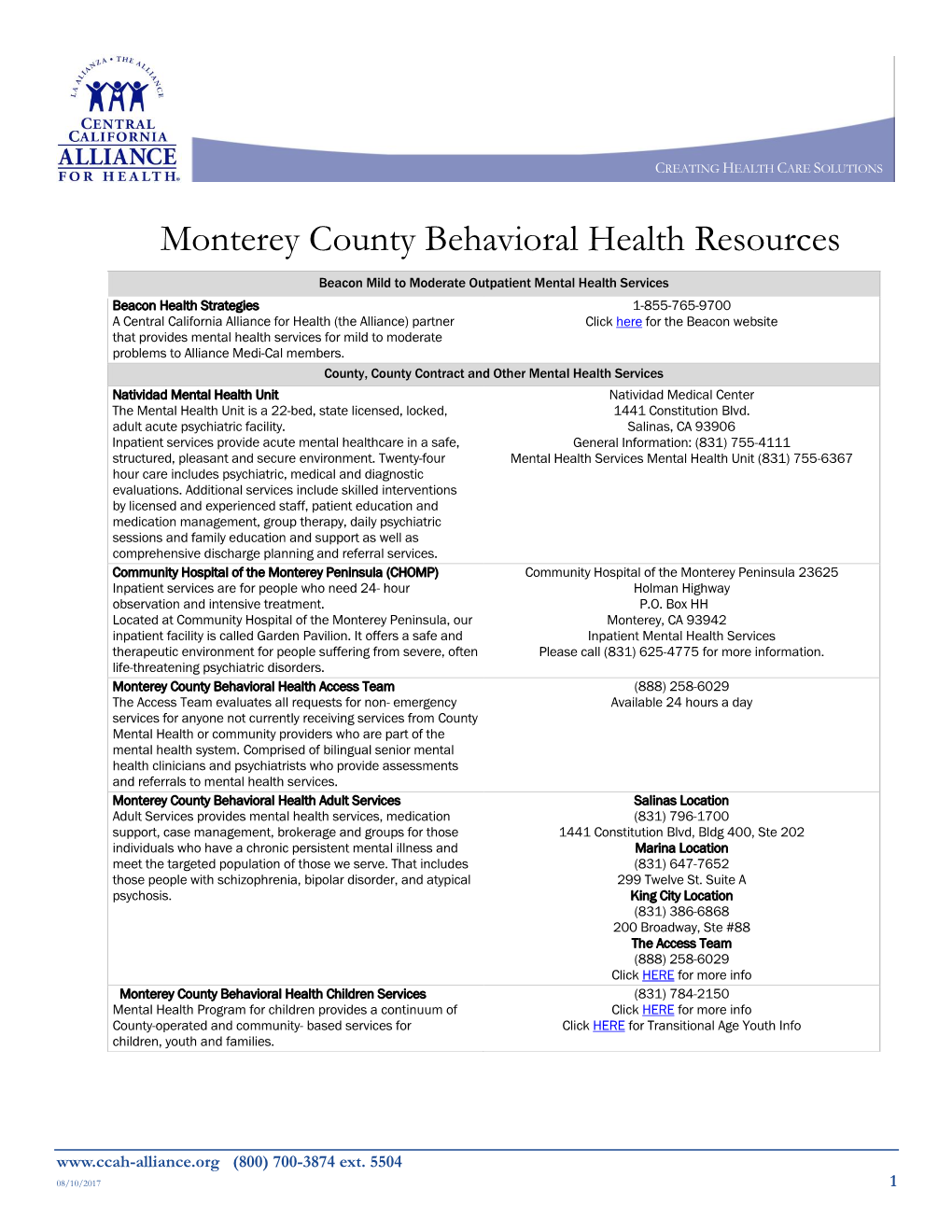 Monterey County Behavioral Health Resources