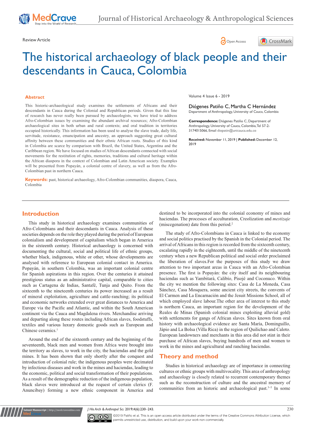 The Historical Archaeology of Black People and Their Descendants in Cauca, Colombia