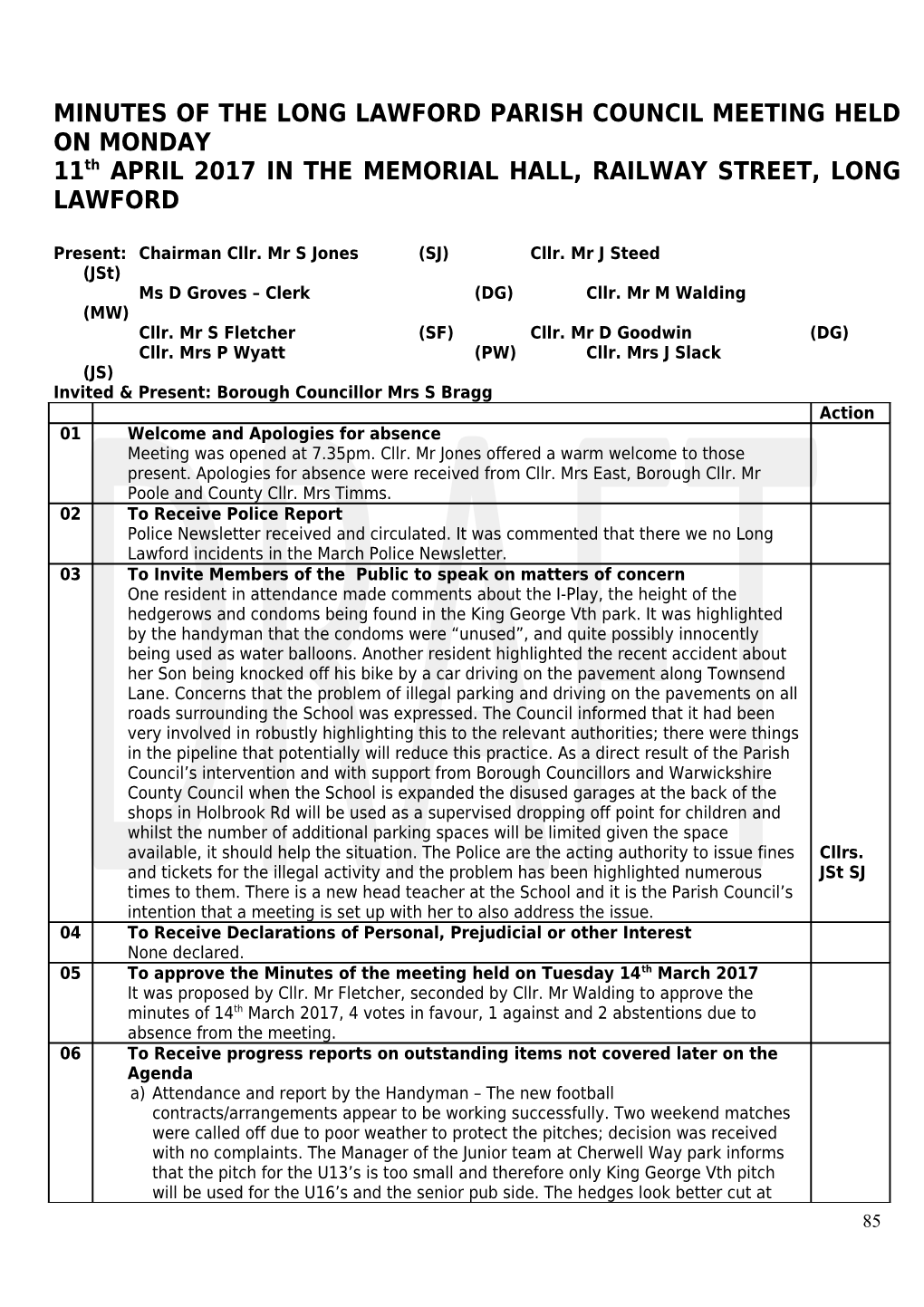 Minutes of the Long Lawford Parish Council Meeting Held on Tuesday 8Th May 2007 in The