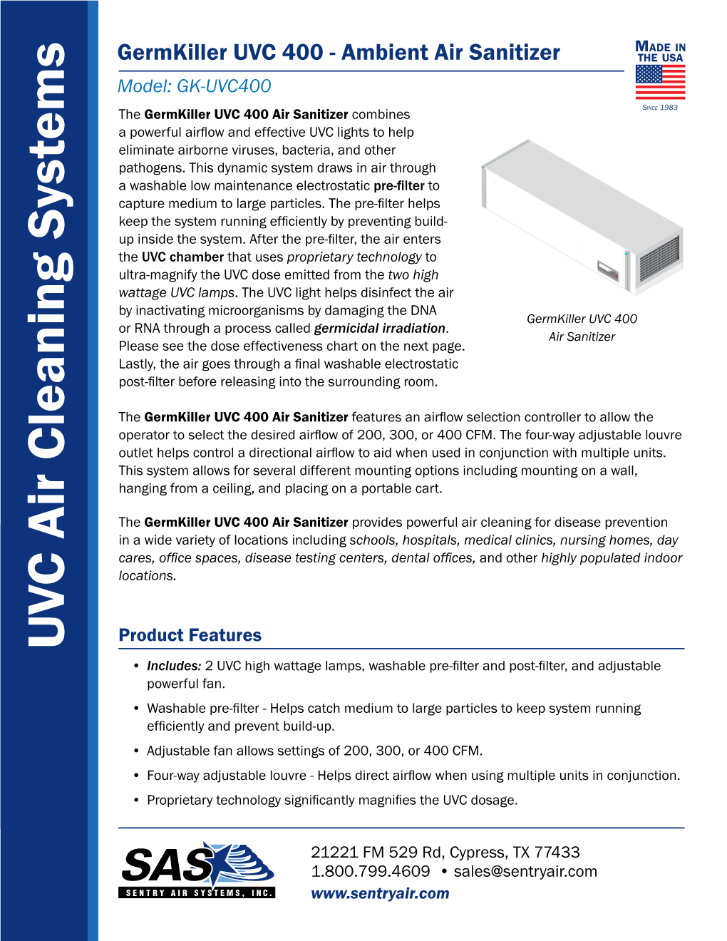 Germkiller UVC 400 - Ambient Air Sanitizer the USA Model: GK-UVC400
