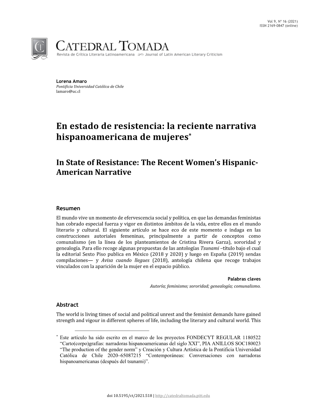 La Reciente Narrativa Hispanoamericana De Mujeres*