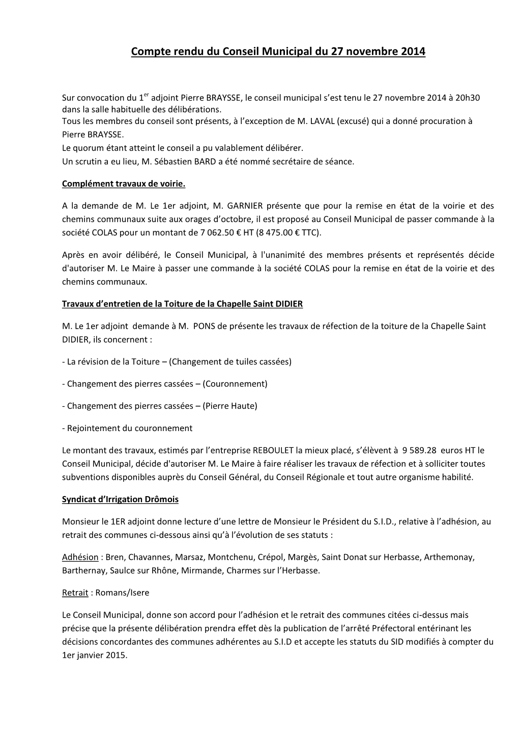 Compte Rendu Du Conseil Municipal Du 27 Novembre 2014