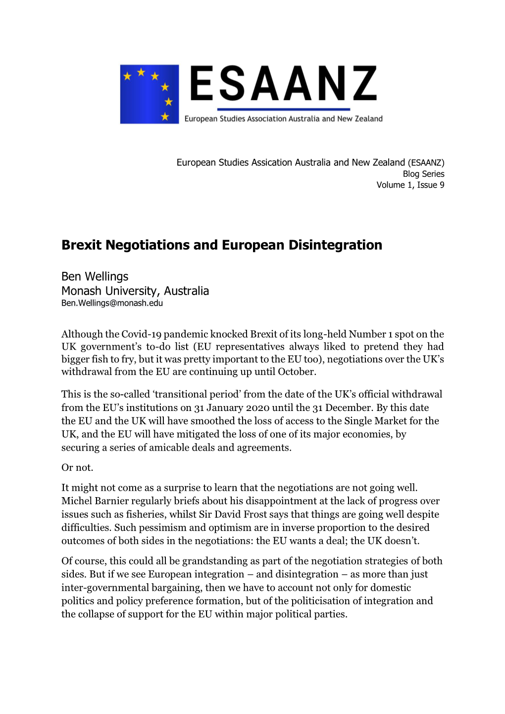 Brexit Negotiations and European Disintegration
