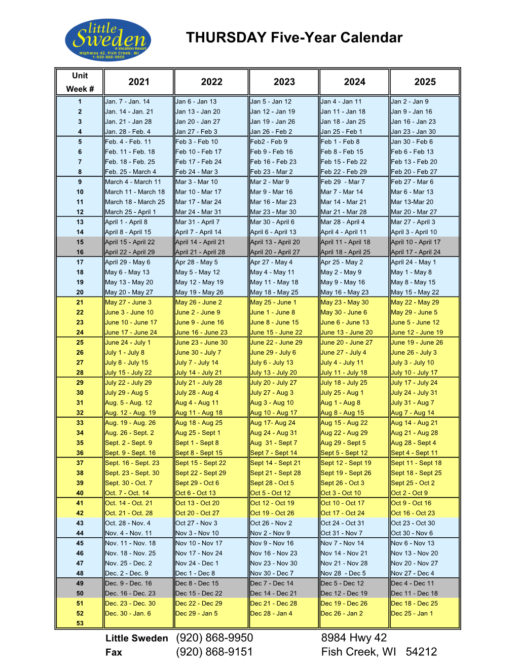 THURSDAY Five-Year Calendar