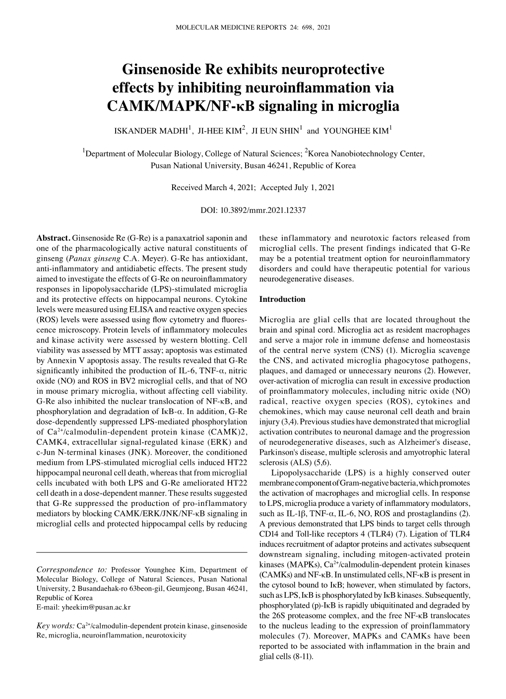 Ginsenoside Re Exhibits Neuroprotective Effects by Inhibiting Neuroinflammation Via CAMK/MAPK/NF‑Κb Signaling in Microglia