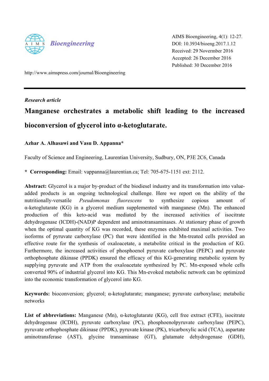 Manganese Orchestrates a Metabolic Shift Leading to the Increased Bioconversion of Glycerol Into Α-Ketoglutarate