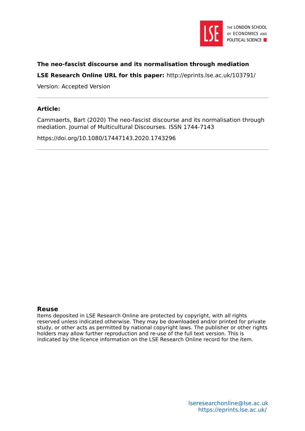 The Neo-Fascist Discourse and Its Normalisation Through Mediation LSE Research Online URL for This Paper: Version: Accepted Version