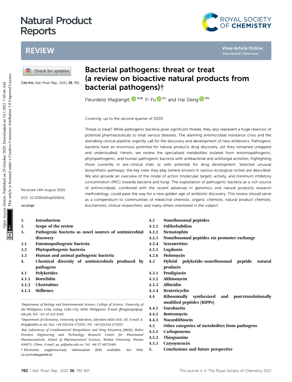 A Review on Bioactive Natural Products from Bacterial Pathogens