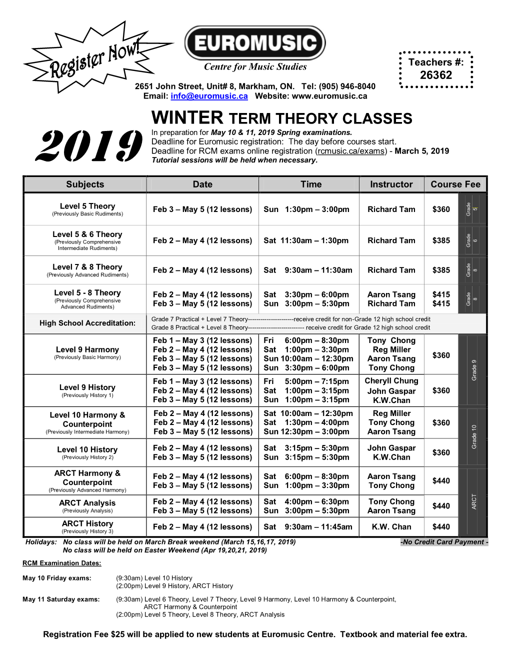 WINTER TERM THEORY CLASSES in Preparation for May 10 & 11, 2019 Spring Examinations