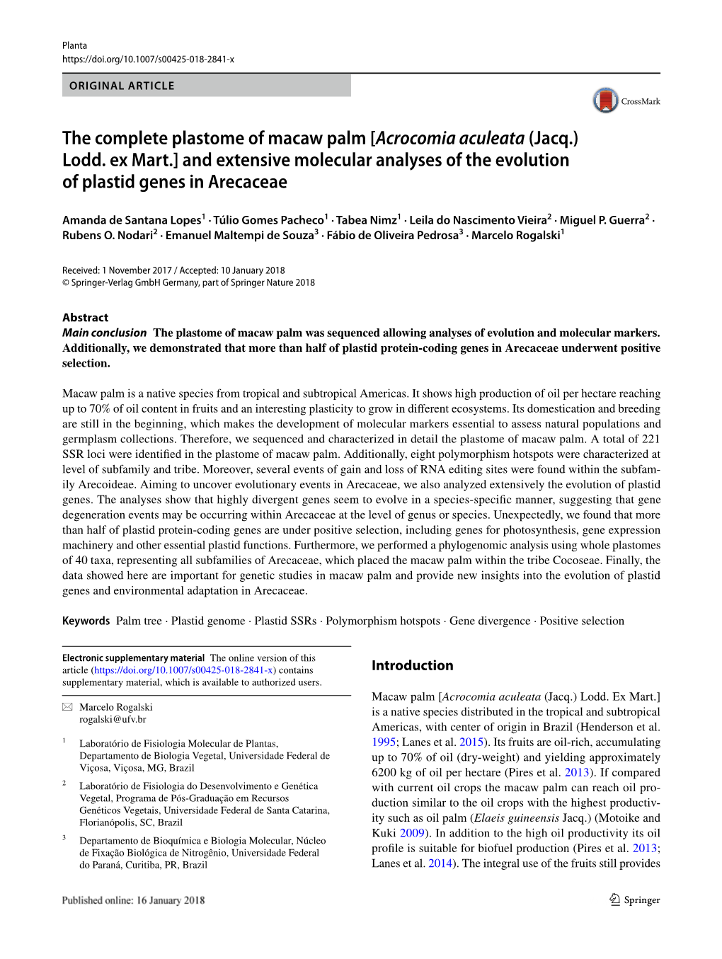 The Complete Plastome of Macaw Palm [Acrocomia Aculeata (Jacq.) Lodd