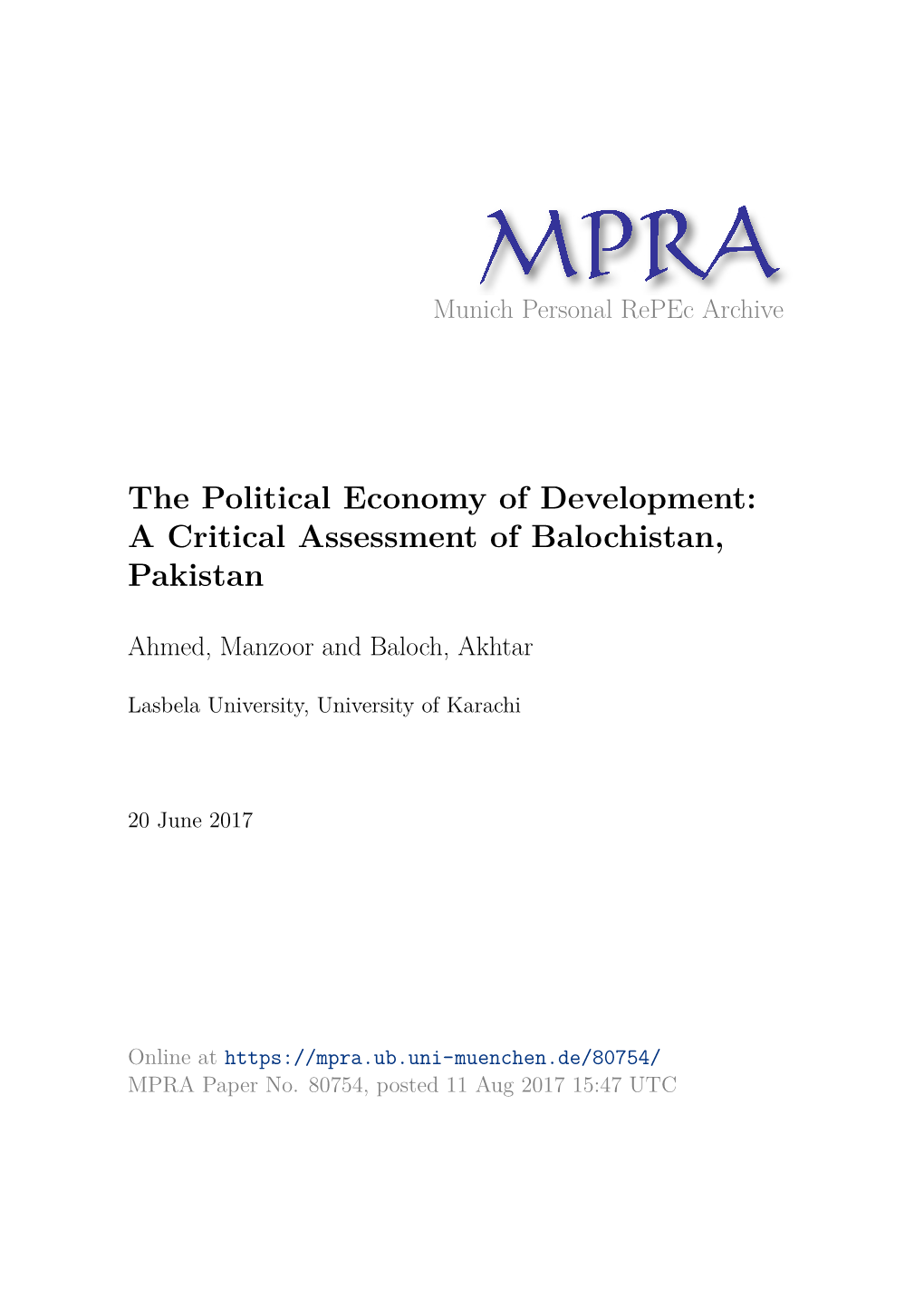 The Political Economy of Development: a Critical Assessment of Balochistan, Pakistan