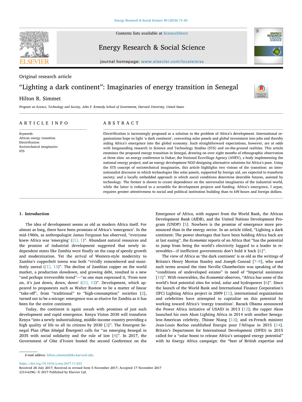 Imaginaries of Energy Transition in Senegal T Hilton R