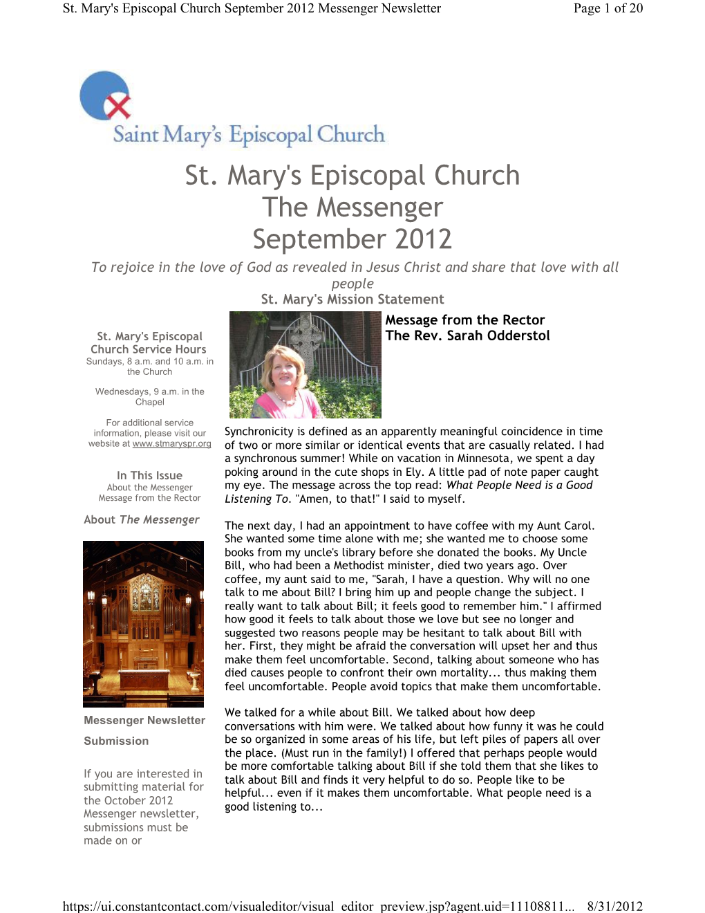 St. Mary's Episcopal Church the Messenger September 2012 to Rejoice in the Love of God As Revealed in Jesus Christ and Share That Love with All People St