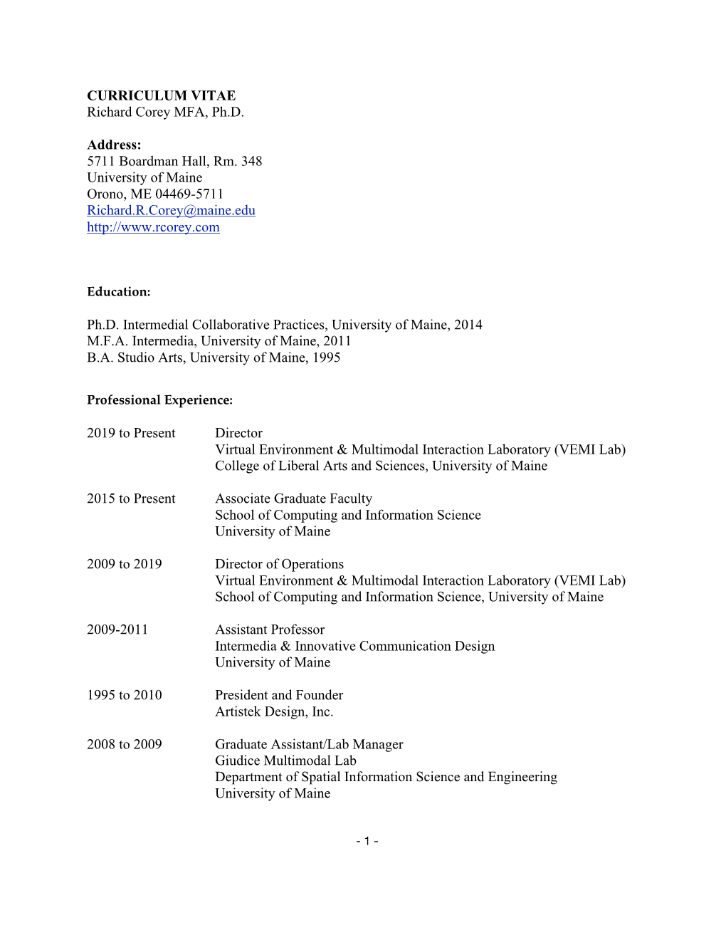 CURRICULUM VITAE Richard Corey MFA, Ph.D