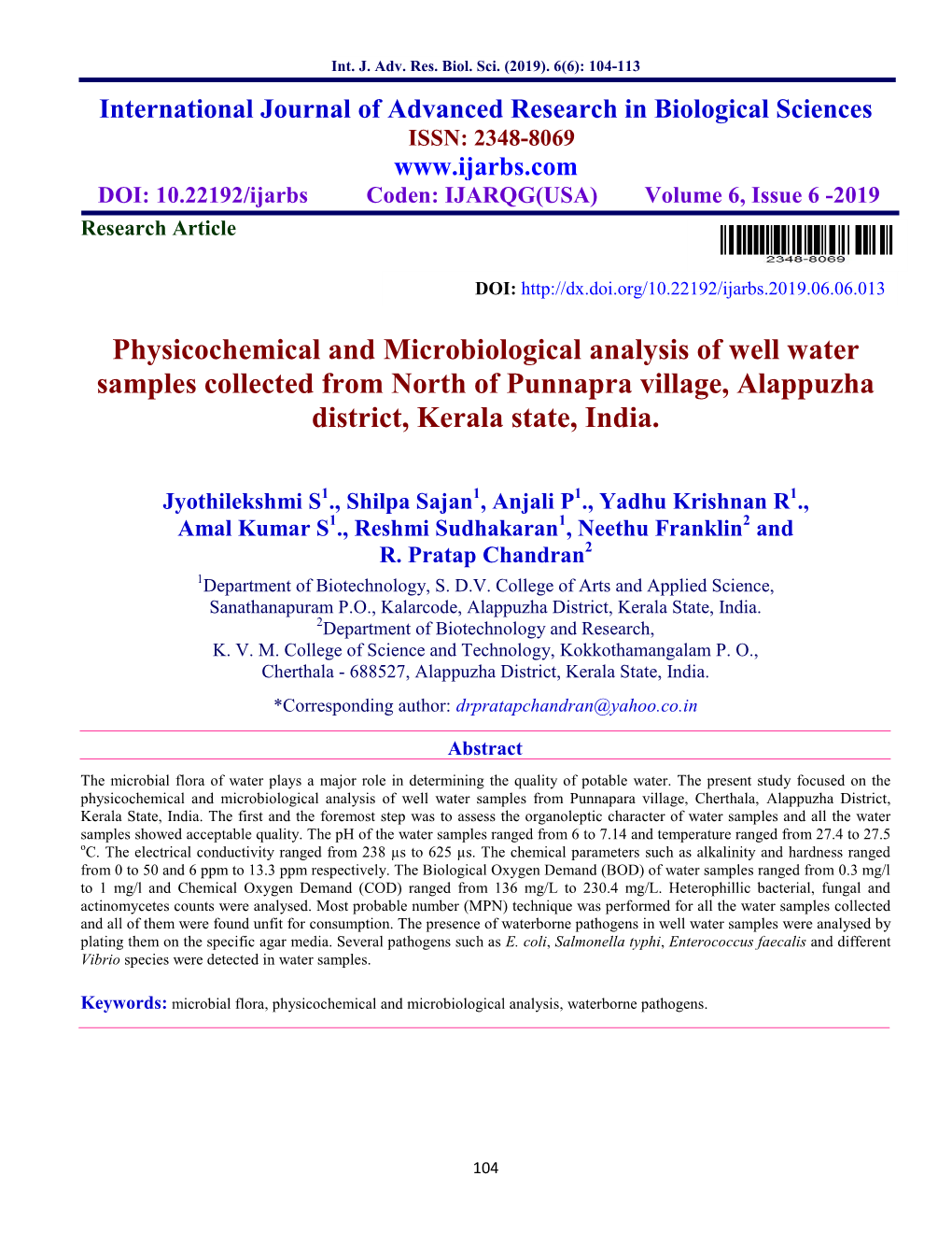 Physicochemical and Microbiological Analysis of Well Water Samples Collected from North of Punnapra Village, Alappuzha District, Kerala State, India