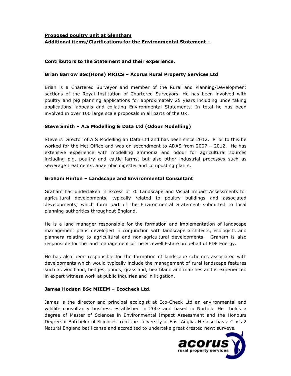 Proposed Poultry Unit at Glentham Additional Items/Clarifications for the Environmental Statement –