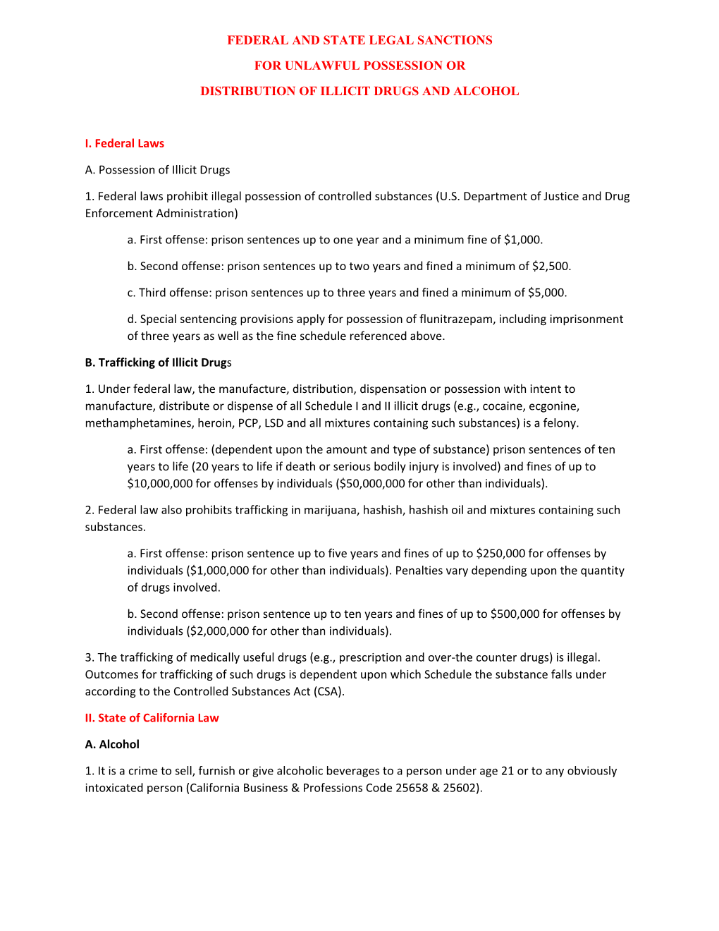 Federal and State Legal Sanctions for Unlawful Possession Or Distribution of Illicit Drugs and Alcohol