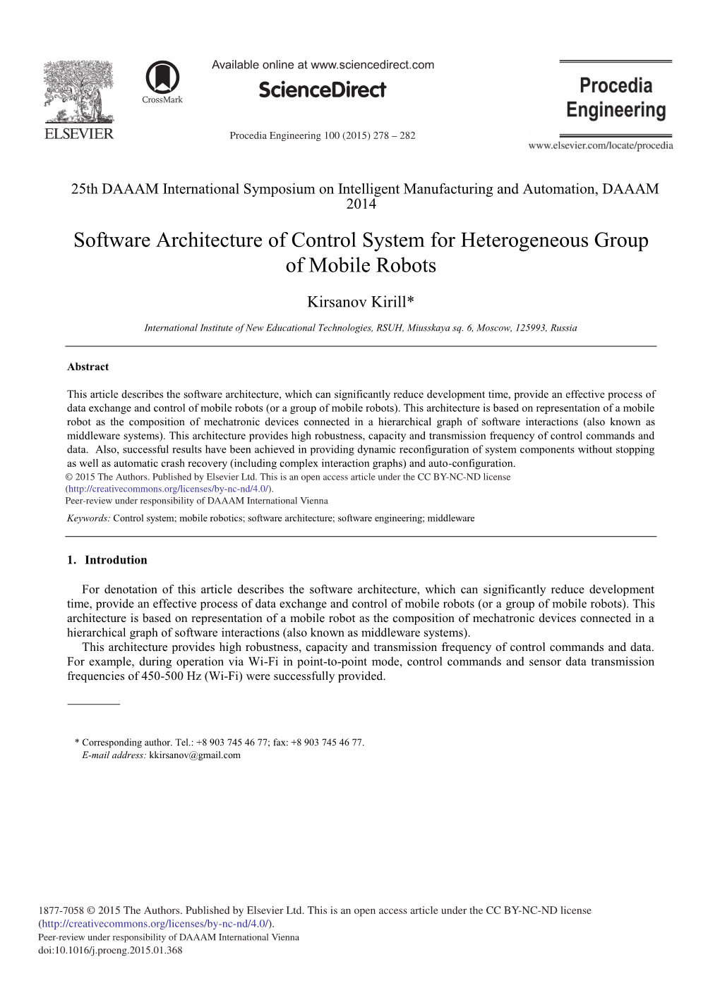 Software Architecture of Control System for Heterogeneous Group of Mobile Robots