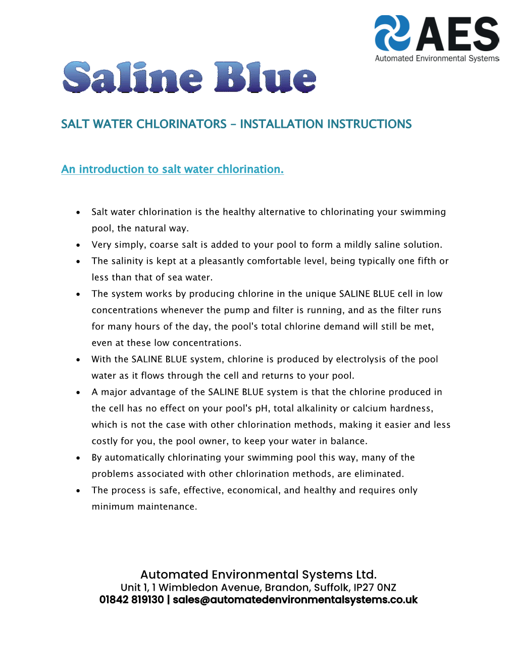 Saline Blue Self Cleaning Chlorinator